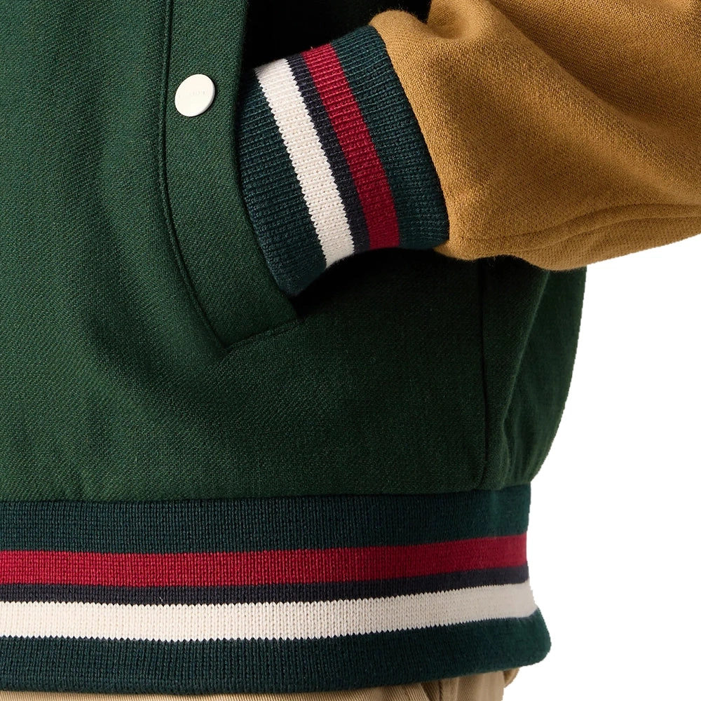 Aaron Wool Herren Varsity Jacke Dunkelgrün Cognac Ärmel – Stil trifft auf Rebellion, dein neuer Look wartet!